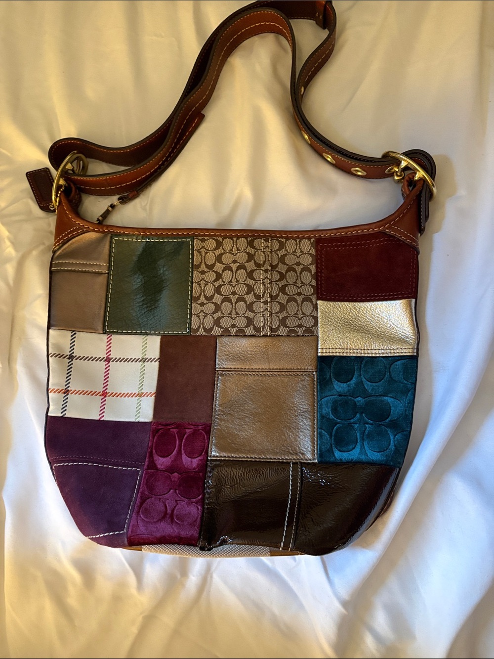 Coach Patchwork Leather Shoulder Bag in Brown, Tan, Green, Teal, Burgundy - Picture 2 of 3